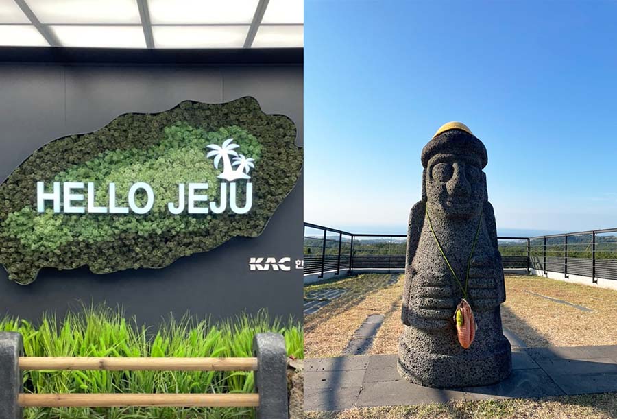 Hay un texto Hello Jeju, esta en el aeropuerto de Jeju Corea del sur.