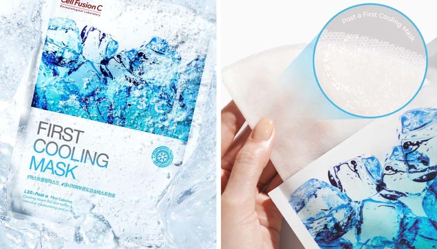 Una mascarilla transparente en un paquete con diseño de hielo.
