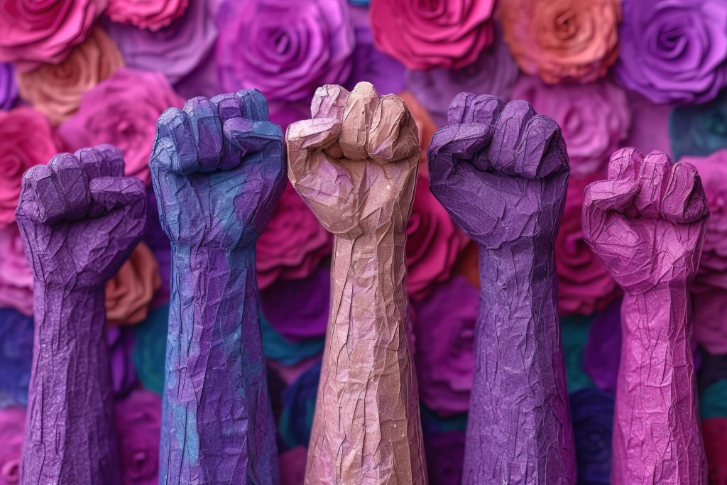 Cuatro puños cerrados sobre un fondo morado. Símbolo del feminismo.
