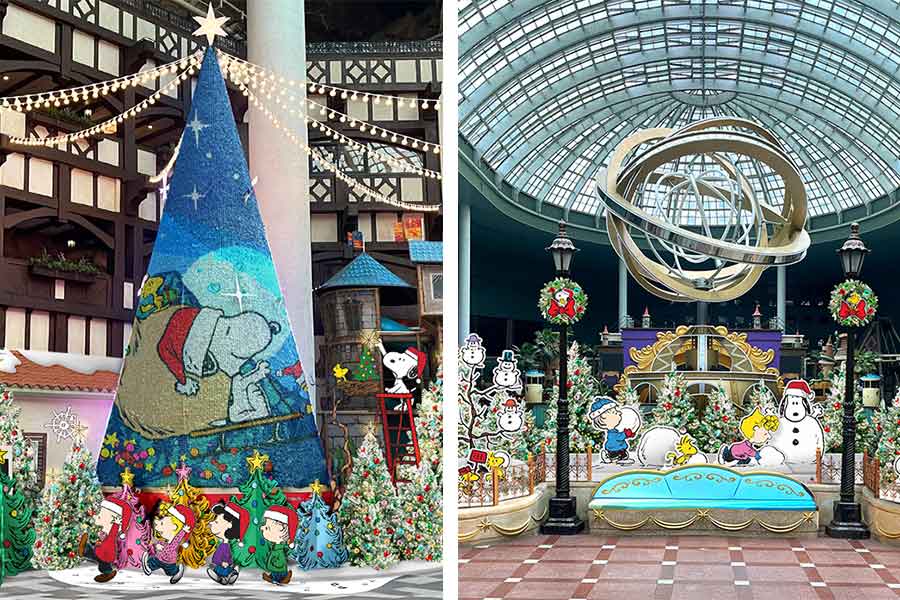 Hay un árbol de Navidad con figuras de Snoopy. un evento navidad en corea del sur
